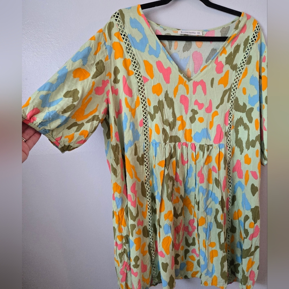 Rusttydustty Neon Abstract Leopard Print Babydoll Dress Crochet Trim Plus 2XL - Picture 2 of 7